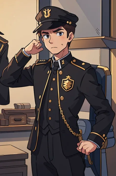 man in black uniform, gold details, captains hat