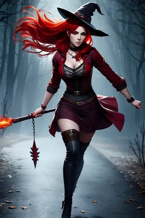 Mikaela Reid from dead by daylight, sexy witch outfit, red hair, chased by a killer