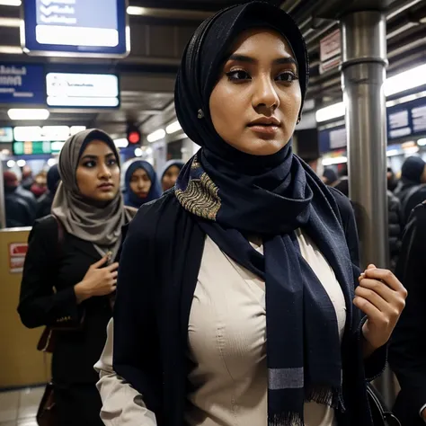 indoesian hijabi woman, hijab woman, walking to work, inside crowded train station, crowded, realistic,wearing muslim clothes, p...