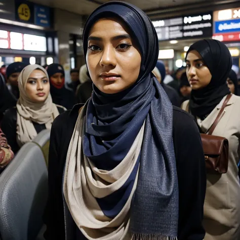 indoesian hijabi woman, hijab woman, walking to work, inside crowded train station, crowded, realistic,wearing muslim clothes, p...