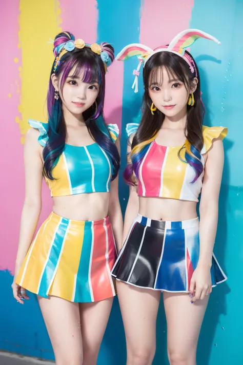 closeup portrait of two girls,Female idol covered in paint（Cute costumes）、Reluctant、full body Esbian、Point a colorful water pistol at the camera、Painted walls、colourful hair、a miniskirt