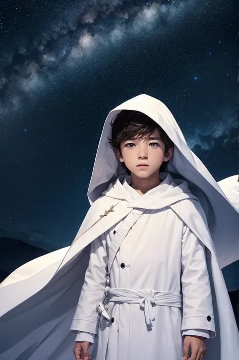 boy, starry sky, white cloak