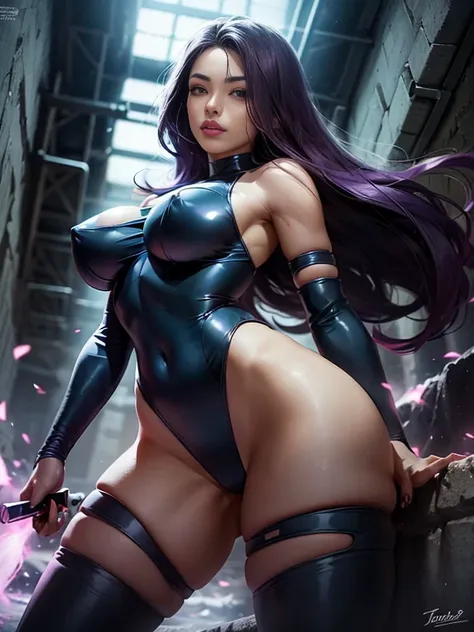 ((Psylocke is in an underground dungeon)), ((SUPERHEROINE PSYLOCKE (Ela esta vestindo roupas imorais, shes wearing indecent clothes), (obra-prima melhor qualidade) 1.5, 1girl, sozinho, (sexy, mulher bonita, rosto perfeito, olhos perfeitos), corpo inteiro, ...