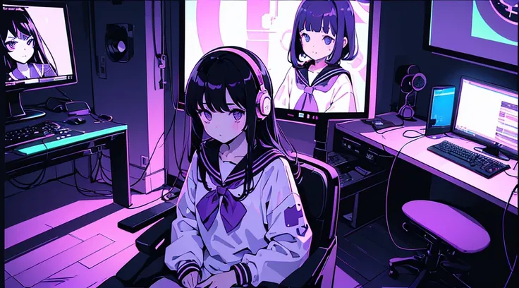 (2 girls, black hair, purple eyes, sailor suit, headphone, sitting in a chair, kawaii), (purple cyberpunk, room with big monitors, purple neon), (low contrast, chromatic aberration, flat color, limited palette, ligne claire)