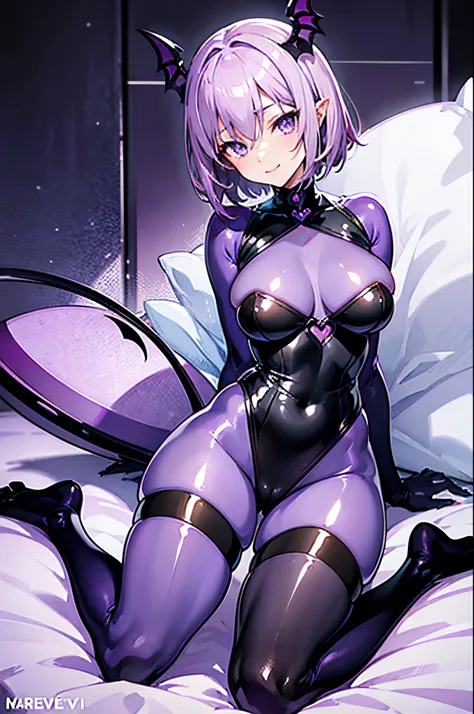 Carefully draw the face　High-quality faces in anime style　Lilac short bob　huge tit　Big ass　Whip thighs　Black full body suit　Bat-print purple pantyhose　seductiv　a smile　succubus　Lying face down