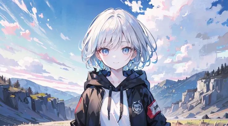 Ultra-high image quality,Look at viewers, hands behind back, girl with, 20 years old, Very short hair, long bangs between eyes, pale blue eyes, Hoodie, Skirt , Extremely detailed,(​masterpiece、top-quality),White hair、A smile、Fantastical, Silver hair, Black...