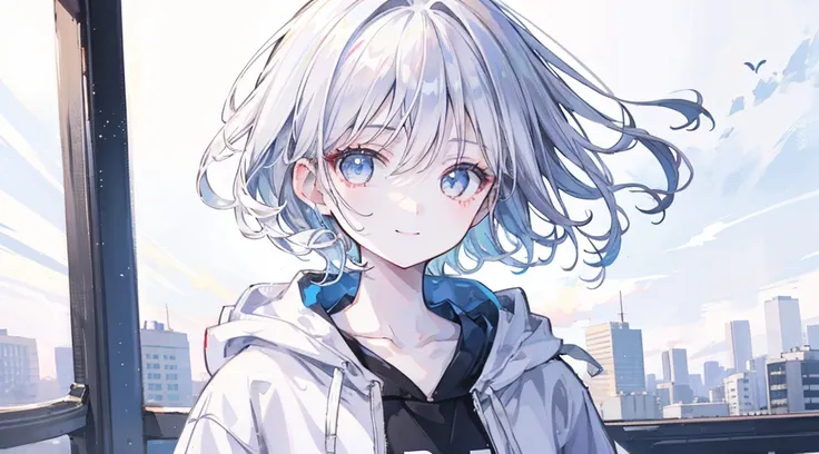 Ultra-high image quality,Look at viewers, hands behind back, girl with, 20 years old, Very short hair, long bangs between eyes, pale blue eyes, Hoodie, Skirt , Extremely detailed,(​masterpiece、top-quality),White hair、A smile、Fantastical, Silver hair, Black...