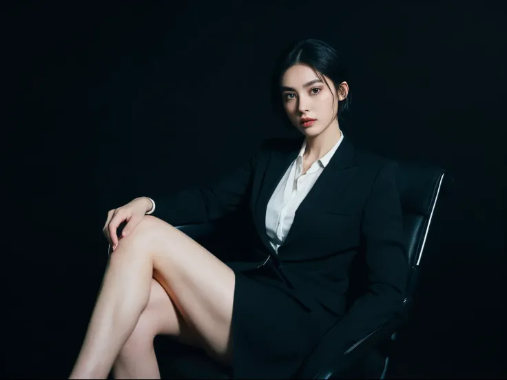 ((half)RAW Photo CEO woman sitting in office chair, wearing a black suit, (using dark attractive eyeovie scene, (impeccable) ,serious and elegant woman with thick female eyebrows, Agent 007 girl style, (mysterious serious face,) dark short hair, dark black...