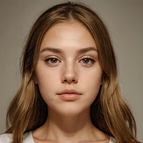 blond Girl, medium brown lined eyes, brown hair, white face, gray eyebrows, medium mouth and puffy lips, long face, red cheeks, medium nose, sleepy eyes