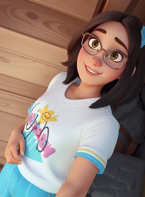 Uma mulher morena , olhos castanhos, Short hair and glasses, estilo Disney Pixar, alta qualidade