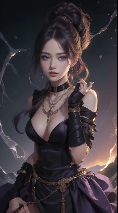 tmasterpiece，Highest image quality，Bondage bust of beautiful slave sister，Exquisite purple updo hairstyle，blacksilk，Decorated with a range of metal chokers and anklets，Ultra-detailed details，advanced。At the Pixiv Art Station，Break your own power，，The kinky...