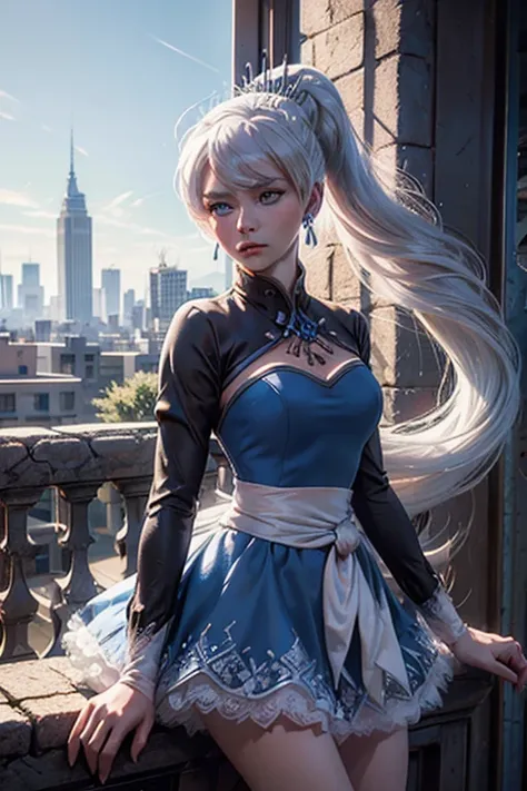 masterpiece,best quality, (weiss schnee from RWBY), (blue eyes), (long white hair), (side ponytail), (medium breasts), (weissmistral, blue dress, long sleeves, jewelry, earrings), cityscape background