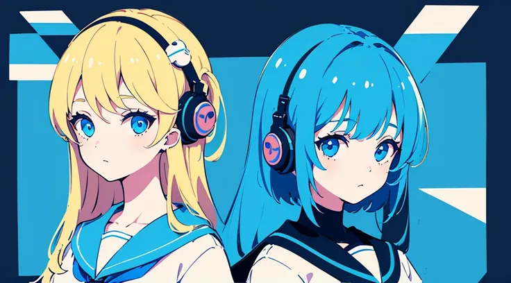 (2 girls, blonde hair, blue eyes, sailor suit, headphone, kawaii), (blue cyberpunk town, blue neon), (low contrast, flat color, limited palette)