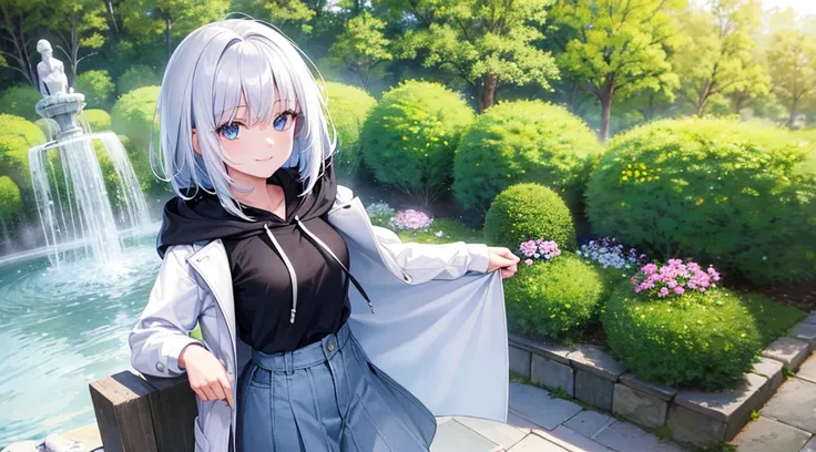 Ultra-high image quality,Look at viewers, hands behind back, girl with, 20 years old, Very short hair, long bangs between eyes, pale blue eyes, Hoodie, Skirt , Extremely detailed,(​masterpiece、top-quality),White hair、A smile、Fantastical, Silver hair, Black...