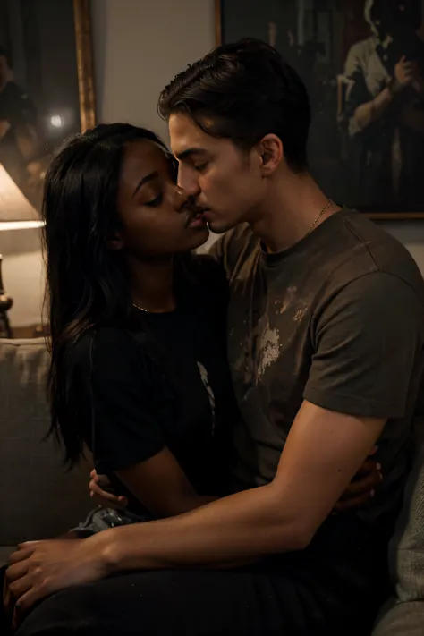 a poignant and emotionally charged dark painting, in a very dark dimly lit room, filled with the warmth of romance, cozy setting, small apartment, black hair, Justine Skye sitting kissing a man, on an old sofa, very dark skin, very dark room, painted in th...