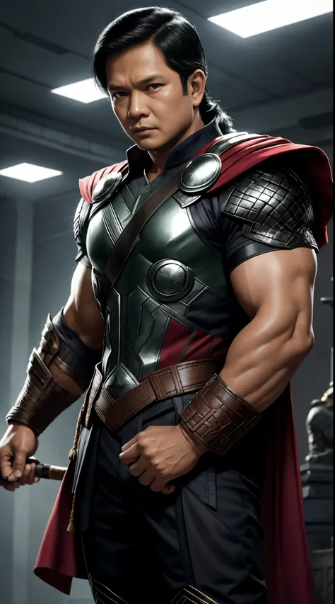 Prabowo Subianto outfit thor, short hair, black hair, cinematic