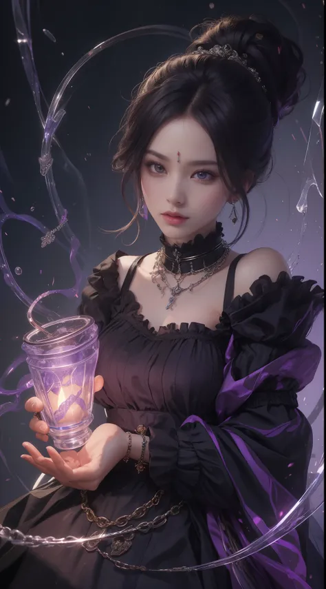 tmasterpiece，Highest image quality，Bondage bust of beautiful slave sister，Exquisite purple updo hairstyle，blacksilk，Decorated with a range of metal chokers and anklets，Ultra-detailed details，advanced。At the Pixiv Art Station，Break your own power，，The kinky...