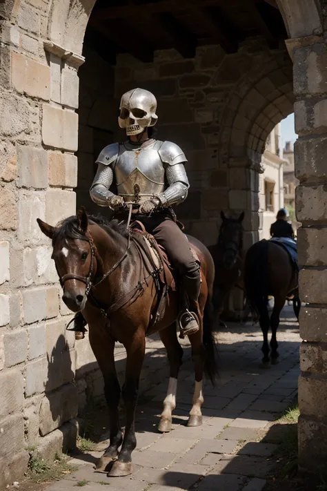 a knight in cowboy clothes and a skull head entering a medieval castle riding a black horse in realistic and fantastic style