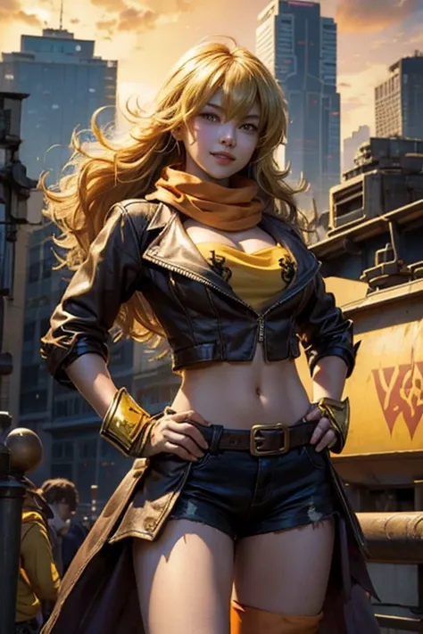 (masterpiece, best quality:1.2), cowboy shot, solo, 1girl, yang xiao long, grin, hand on hip, ahoge, purple eyes, brown jacket, yellow tube top, black shorts, black fingerless gloves, orange scarf, waist cape, midriff, cleavage, large breasts, cityscape ba...