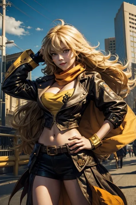 (masterpiece, best quality:1.2), cowboy shot, solo, 1girl, yang xiao long, grin, hand on hip, ahoge, purple eyes, brown jacket, ...