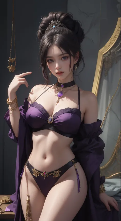 tmasterpiece，Highest image quality，Beautiful bust of older slave sister，Exquisite purple updo hairstyle，Purple-black hair，blacksilk，Decorated with a series of metal choker and anklet chains，Ultra-detailed details，advanced。At the Pixiv Art Station，Break you...