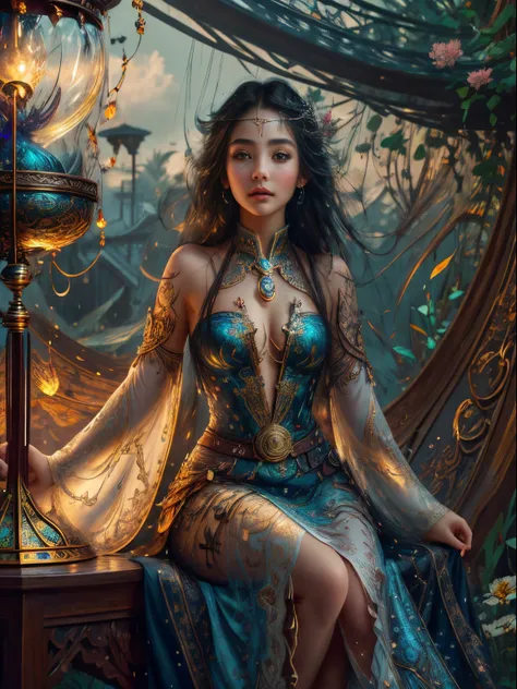 girl holds hourglass in her right hand, girl sitting on stool watching hourglass in her hand,, (masterpiece), best quality, expressive eyes, perfect face, naked woman very thin pussy, (masterpiece), best quality, expressive eyes, perfect face, huge hourgla...