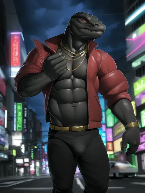 (by tojo the thief, by darkgem, by narse), thunder (fortnite), male, solo, black body, scales, komodo dragon, lizard, (tail), detailed bulge, topwear, monitor lizard, anthro, red jacket, shirtless, gold chain, tokyo, street, neon lights