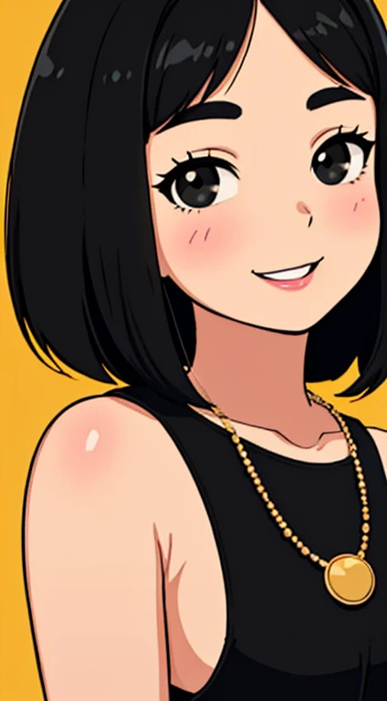 A teenage woman with short black hair, bob hair, round face, round face with charming smile, and black eyes, Straight Gaze, little black dress, golden necklace, 90s abstract background, flat color, 2D art, beautiful, masterpiece