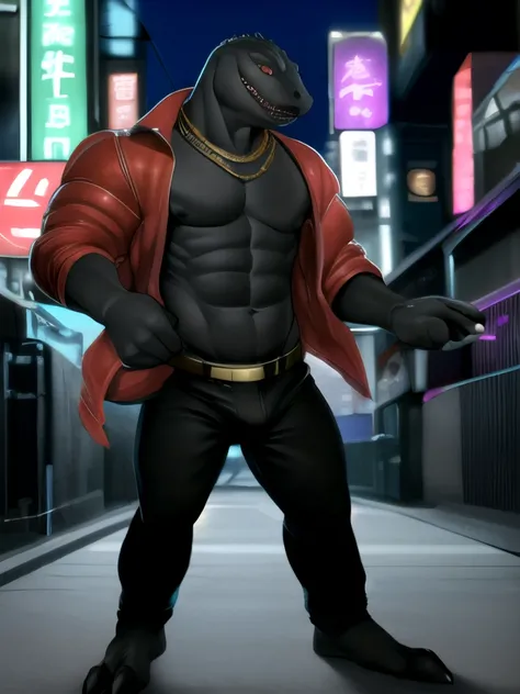 (by tojo the thief, by darkgem, by narse), thunder (fortnite), male, solo, black body, scales, komodo dragon, lizard, (tail), detailed bulge, topwear, monitor lizard, anthro, red jacket, shirtless, pants, gold chain, tokyo, street, neon lights