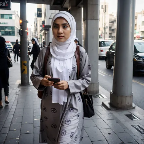 Indoesian hijab girl, walking to work, commuting, on the street, realistic, wearing brownies muslim clothes, white printing pattern hijab scarve, checking smartphone,