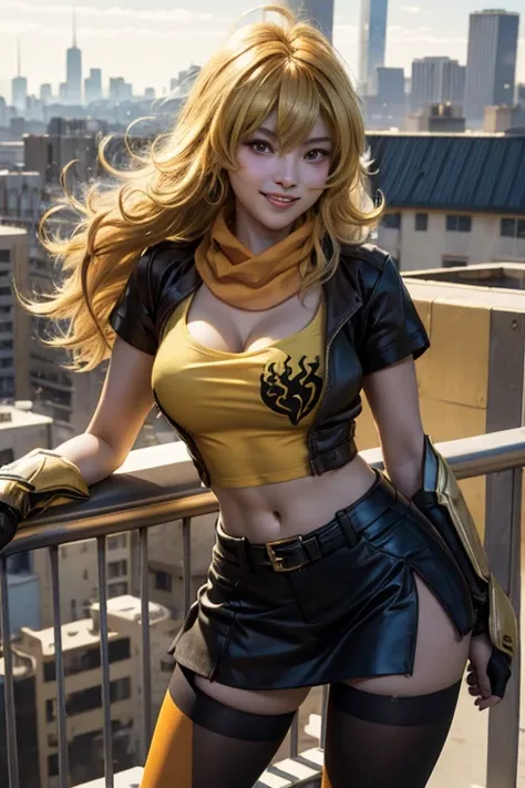 (masterpiece, best quality:1.2), cowboy shot, solo, 1girl, yang xiao long, grin, ahoge, purple eyes, yellow t-shirt, black skirt, pantyhose boots, black fingerless gloves, orange scarf, midriff, cleavage, large breasts, standing on balcony, cityscape backg...