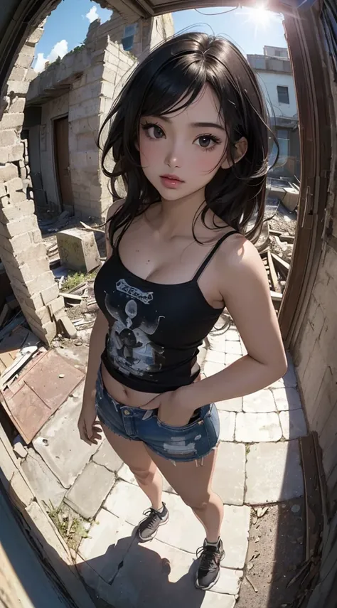 ((8k wallpaper of extremely detailed CG unit, ​masterpiece, hight resolution, top-quality)), (Beautuful Women, Plump lips, Hands in pockets:1.5, Grunge Fashion, Wearing a camisole:1.2, Wearing micro mini shorts:1.2, Wearing sneakers:1.1), ((extra detailed ...