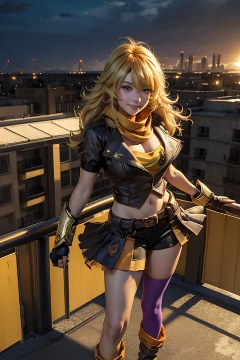 (masterpiece, best quality:1.2), cowboy shot, solo, 1girl, yang xiao long, grin, ahoge, purple eyes, yellow t-shirt, black skirt, pantyhose, boots, black fingerless gloves, orange scarf, midriff, cleavage, large breasts, standing on balcony, cityscape back...