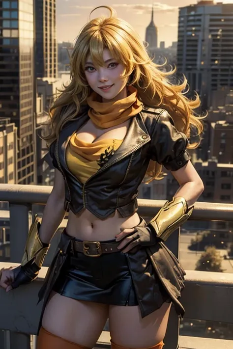 (masterpiece, best quality:1.2), cowboy shot, solo, 1girl, yang xiao long, grin, ahoge, purple eyes, yellow t-shirt, black skirt, pantyhose, boots, black fingerless gloves, orange scarf, midriff, cleavage, large breasts, standing on balcony, cityscape back...