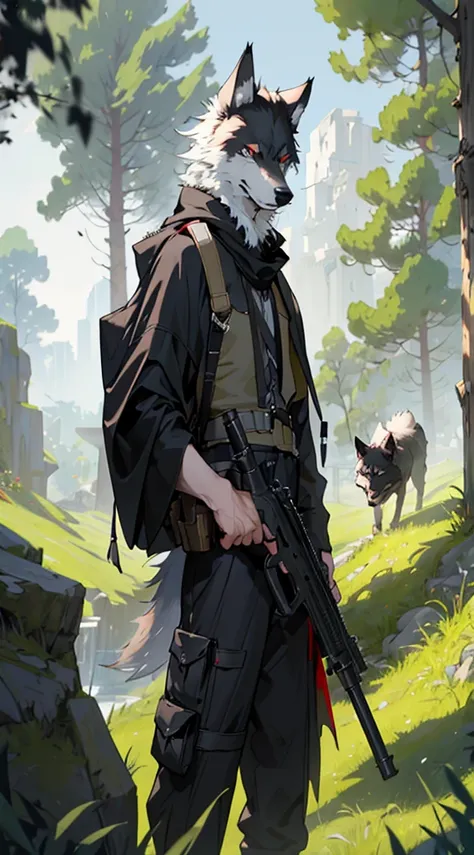 (Masterpiece: 1.2), Best Quality, High Resolution, Black Wolf holding Net Gun, wearing black cloak, black chest fur uncovered, black fur head, angry face expression, red eyes, black fluffy tail, red pants, white big scarf on neck, transparant background