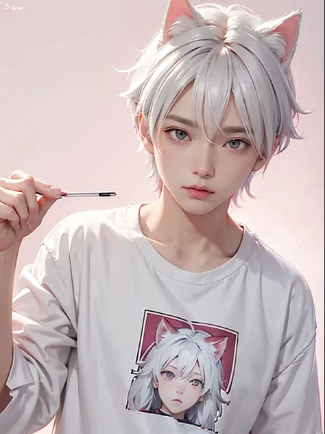 male no. 1, white hair, red eyes, cat ear, ((style of anime)), pajama shirt, pastelcolor, pink back ground, soft brushstrokes