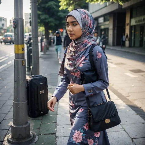 indoesian hijab girl, walking to work, commuting, on the street, realistic, wearing muslim clothes, floral printing pattern hija...