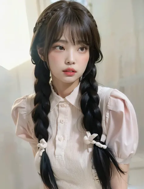 um close up de uma pessoa com cabelos longos vestindo uma camisa rosa, penteado twintails, penteado pigtails, dois penteados pigtails, Ulzzang, com rabo-de-porco preto, Penteado kawaii, branco hime corte penteado, kawaii estilo de cabelo, cabelo arrumado c...