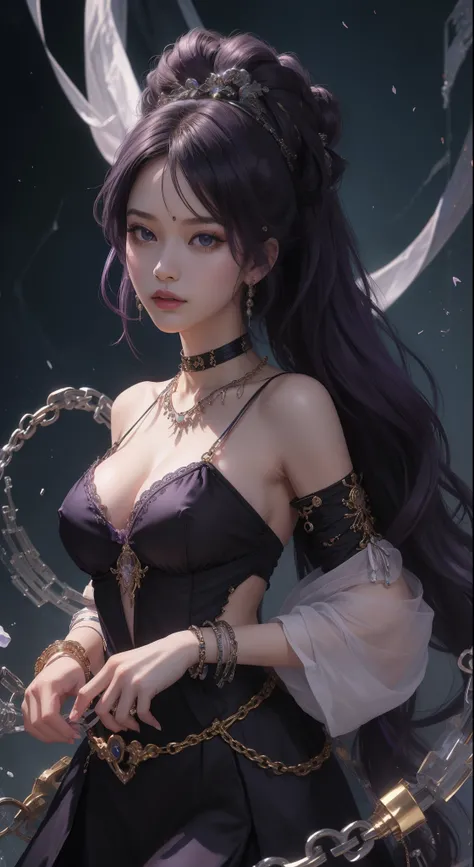 tmasterpiece，Highest image quality，Beautiful bust of older slave sister，Exquisite purple and black hairstyle，blacksilk，Decorated with a series of metal choker and anklet chains，Ultra-detailed details，advanced。At the Pixiv Art Station，Break your own power，L...