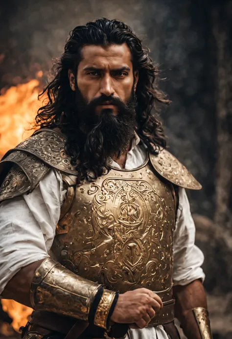 an iraqi paladin with long curly black hair and a full beard in his early 30s, faithful to a god of fire and war, wearing a white linen shirt beneath a brass cuirass with a fire symbol hammered onto the chest, he is well toned and muscled