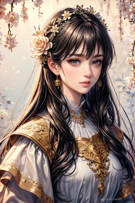 (best quality,8K,CG), detailed upper body, lonely girl, floral forest background, detailed facial features, elegant black long hair, almond-shaped brown eyes, detailed eye makeup, long eyelashes, twinkling stars, intricate lip details, soft and harmonious ...