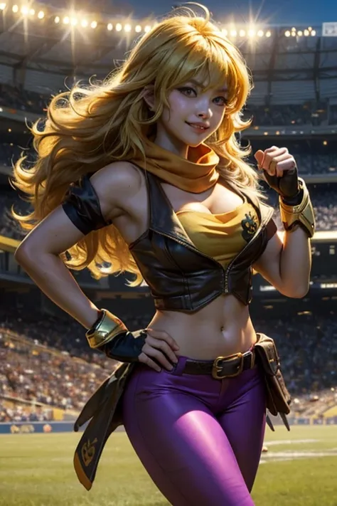 (masterpiece, best quality:1.2), cowboy shot, solo, 1girl, yang xiao long, grin, ahoge, purple eyes, yellow tube top, yoga pants, boots, black fingerless gloves, orange scarf, midriff, cleavage, large breasts, standing in stadium