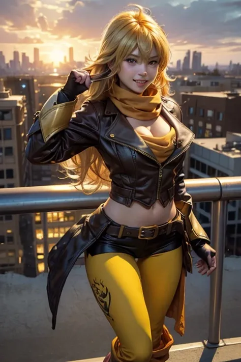 (masterpiece, best quality:1.2), cowboy shot, solo, 1girl, yang xiao long, grin, ahoge, purple eyes, brown jacket, yellow tube top, yoga pants, boots, black fingerless gloves, orange scarf, midriff, cleavage, large breasts, standing on balcony, cityscape b...