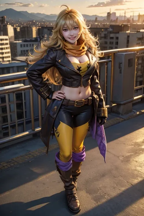 (masterpiece, best quality:1.2), cowboy shot, solo, 1girl, yang xiao long, grin, ahoge, purple eyes, brown jacket, yellow tube top, yoga pants, boots, black fingerless gloves, orange scarf, midriff, cleavage, large breasts, standing on balcony, cityscape b...