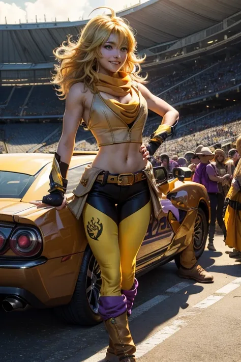 (masterpiece, best quality:1.2), cowboy shot, solo, 1girl, yang xiao long, grin, ahoge, purple eyes, yellow tube top, yoga pants, boots, black fingerless gloves, orange scarf, midriff, cleavage, large breasts, standing in stadium