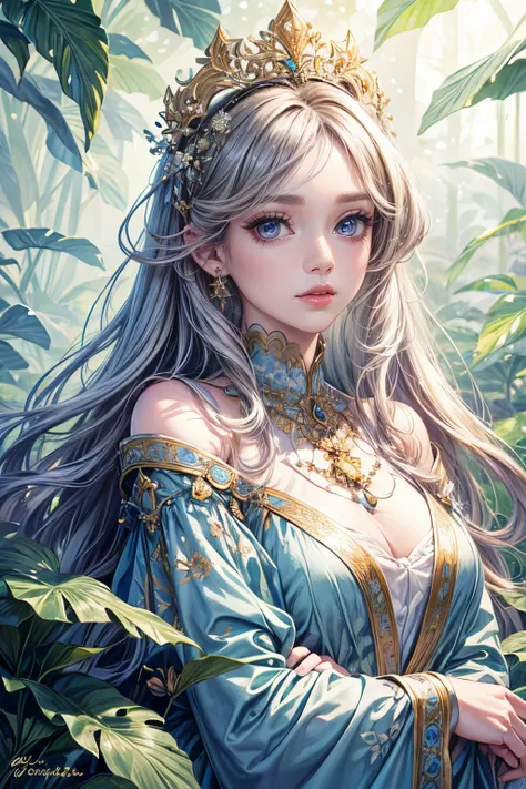 (best quality,8K,CG),detailed upper body,lonesome girl,floral forest background,detailed facial features,elegant long curly hair,almond-shaped big eyes,detailed eye makeup,long eyelashes,twinkling stars,elaborate lip details,soft and harmonious style.