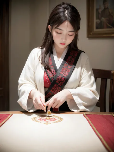 A palace maiden embroidering the emperors coat of arms