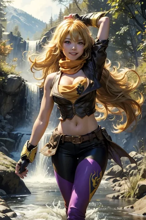 (masterpiece, best quality:1.2), cowboy shot, solo, 1girl, yang xiao long, grin, ahoge, purple eyes, yellow tube top, yoga pants, boots, black fingerless gloves, orange scarf, midriff, cleavage, large breasts, standing near waterfall