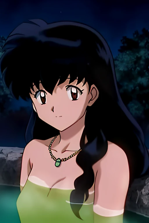 kagome, 1girl, solo, long_hair, looking_at_viewer, bangs, black_hair, bare_shoulders, brown_eyes, jewelry, closed_mouth, collarbone, upper_body, outdoors, necklace, tree, night, towel, nature, covering, night_sky, pendant, forest, hair_down, dark, naked_to...