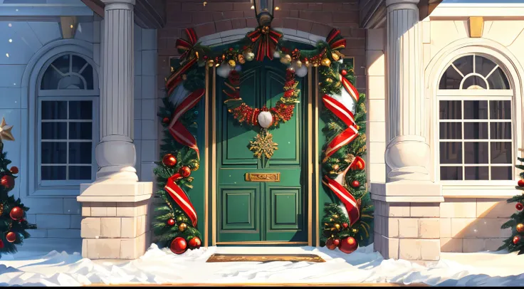 A very elegant christmas door with elegant decorations around, the wall around is all covered with christmas decorations, many decorations, 4k, no type, no tilted view, front view, christmas pattern on wall